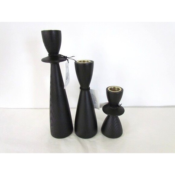 West Elm Tira Wood Taper Candle Holders Black Ash  Set 3 w Candles - Picture 7 of 13